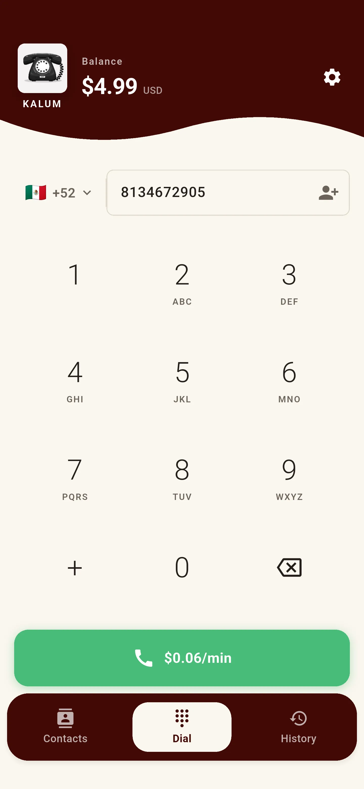 Kalum dialer showing the per-minute rate before placing a call