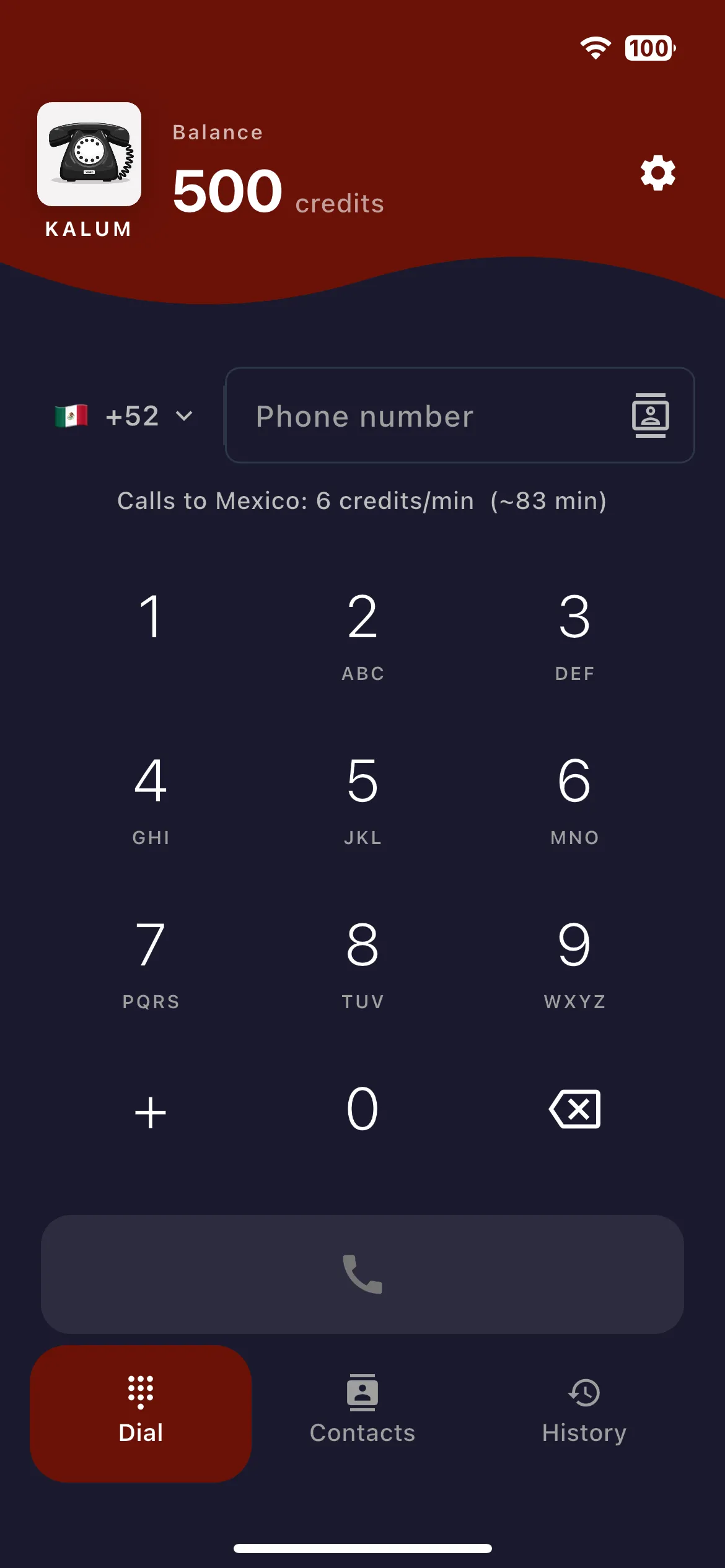 Kalum dialer showing the per-minute rate before placing a call